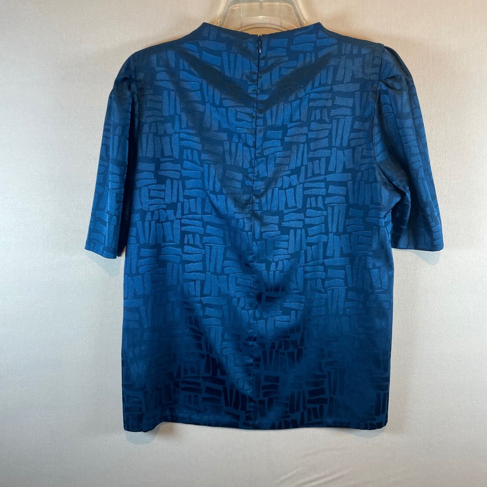 Calvin Klein Teal Blue Geometric Jacquard Short Sleeve Blouse High Neck Top - Picture 4 of 8